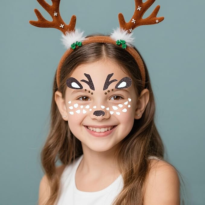 Christmas Elk Glitter Face Tattoo Stickers for Kids - Self-Adhesive Temporary Body Art Makeup for Halloween,Cosplay, Festival - Waterproof Fake Tattoo Stickers - 2Pcs (Reindeer & Elk)