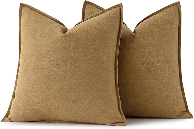 MIULEE Decorative Linen Pillow Covers 18x18 Inch Mustard Yellow | Boho Farmhouse Neutral Couch Throw Pillows for Bed, Pack of 2 Accent Modern Pillowcases, Sofa Livingroom Home Decor