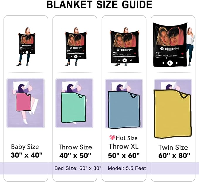 DayOfShe Spotify Code Music Photo Blanket Customized for Boyfriend and Girlfriend Gifts, Personalized Picture Blankets Wife Birthday Photo Gifts for Women Men
