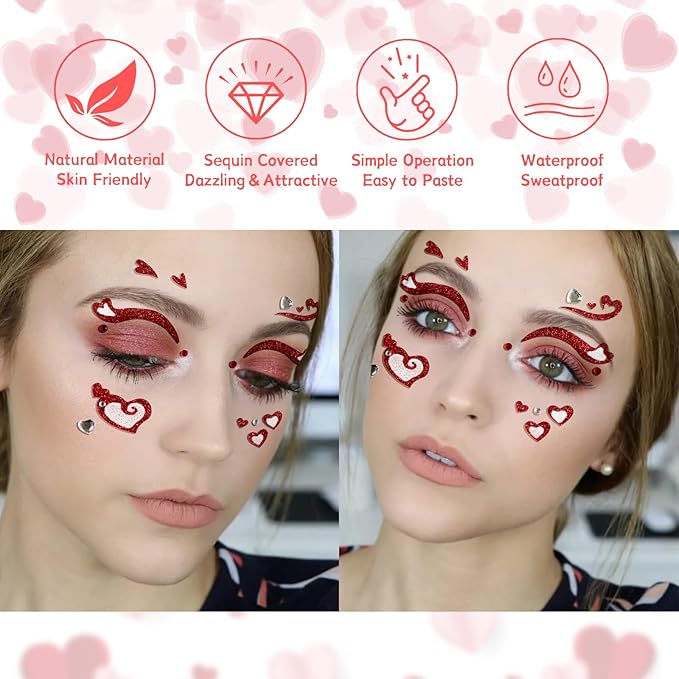 Heart Face Tattoos Stickers Glitter Face Gems Valentine's Day Temporary Tattoo Face Stickers for Women 4Pcs