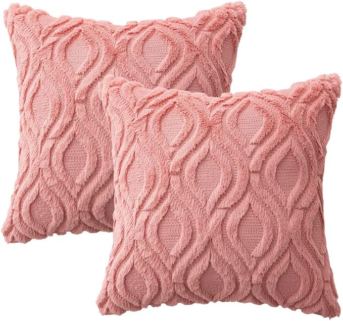 MIULEE Coral Red Soft Plush Faux Wool Throw Pillow Covers 18x18 | Set of 2, Farmhouse Boho Home Decor, Decorative Cushion Covers for Sofa, Living Room, Bed