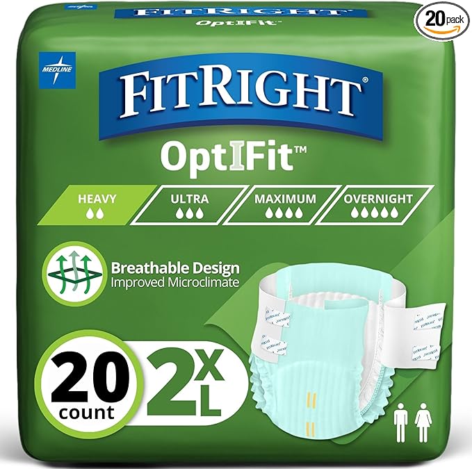 FitRight Adult Diapers, Extra Heavy Absorbency, 2XL (Waist Size 60in-70in), 20 Count, OptiFit Incontinence Briefs for Men and Women, Disposable, Moisture Wicking, Leak Protection,