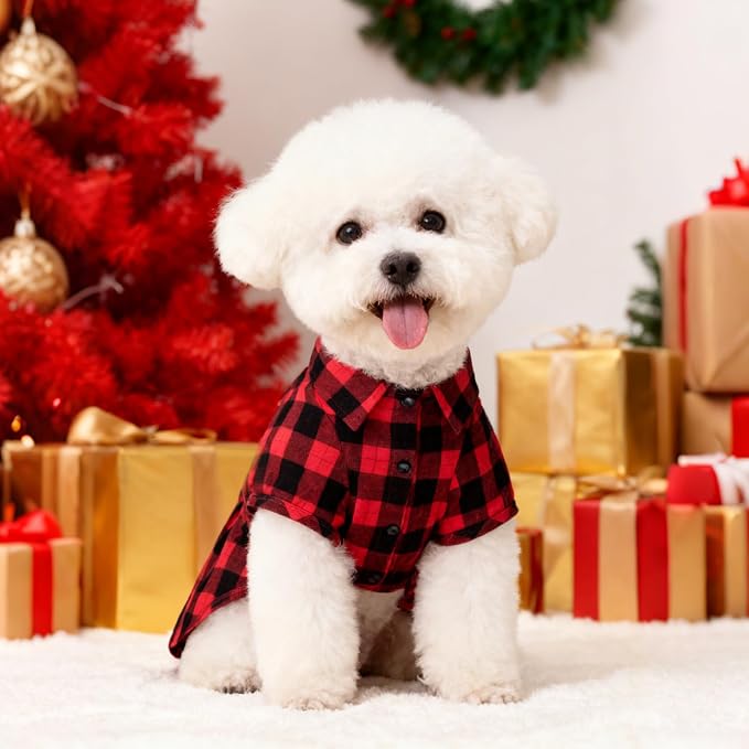 PUPTECK Classic Plaid Dog Shirt, Puppy Polo T-Shirt Clothes, Red M | Soft Cotton Button Up Dog Clothes for Small Medium Dogs Boy Girl, Fashion Pet Tee, Chic Casual Pet Outfit Apparel