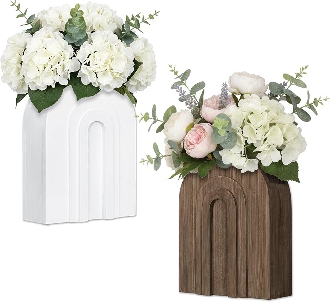 2 Pack Wooden Wall Vase White and Natural for Pampas Grass and Dried Stems | Neutral wall vases for faux flowers and pampas grass; farmhouse bathroom decor for hallway, entryway or living room
