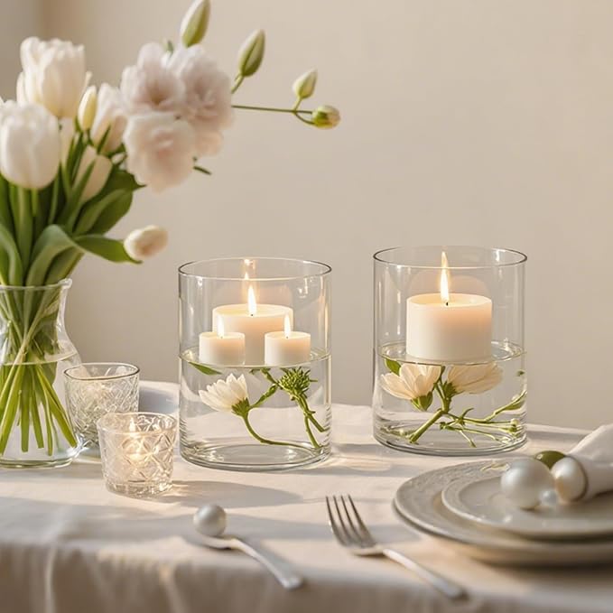 6pcs 6" x 4.7" Clear Glass Cylinder Vases for Centerpieces | Wide Mouth Flower Vases for Wedding & Home Decor, Hurricane Floating Candle Holders for Table, Includes 2 Floral Tapes