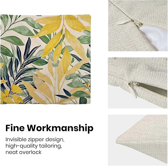 Summer Pillow Covers 18x18 Inches Set of 2 Sage Green Yellow Leaves Throw Pillow Covers Outdoor Modern Spring Summer Leaf Decoration Pillowcase Farmhouse Decorative Cushion Cover For Couch Sofa