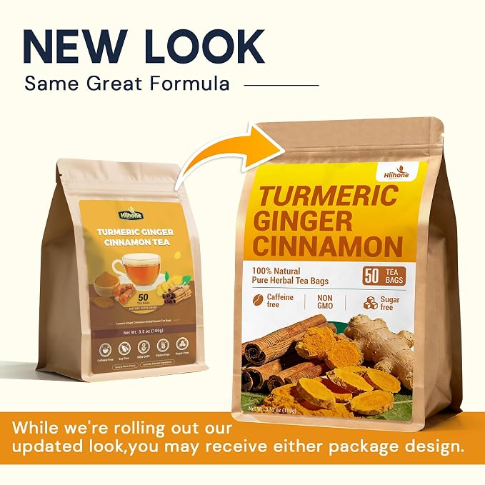 Turmeric Ginger Cinnamon Tea Bags, Turmeric Ginger Herbal Tea, No Sugar, No Caffeine, 50 Teabags