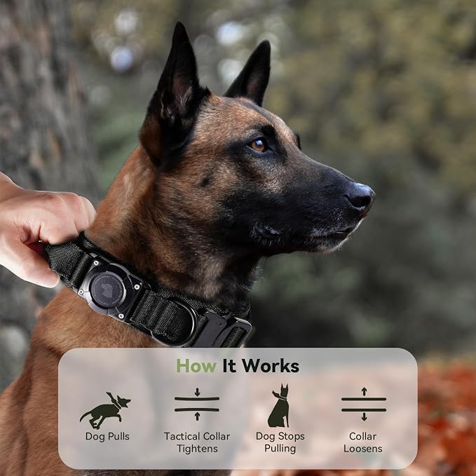 2026 Upgrade Waterproof Tactical AirTag Dog Collar, Built in AirTag Holder | Comfortable Control Handle, Quick Release Metal Buckle, Durable 1000D Nylon, For Medium to Large Dogs, Black, M