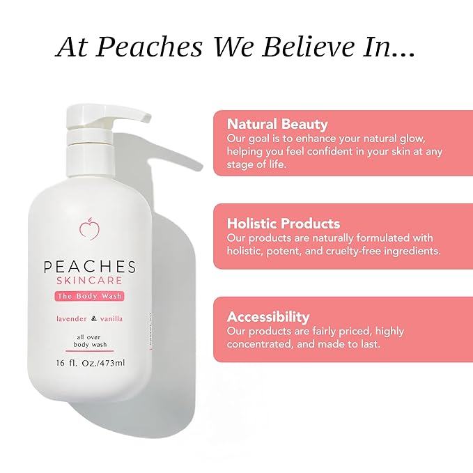 Peaches Skin Care Body Wash with Lavender and Vanilla - Gentle, Sulfate-Free Cleanser for Soft, Smooth-Looking Skin - Daily Body Wash for Men and Women, 16 oz
