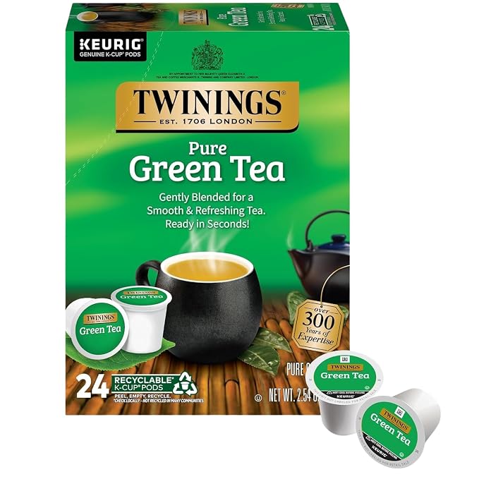 Twinings Pure Green Tea K-Cup Pods for Keurig, 24 Count (Pack of 2), Smooth Flavour, Enticing Aroma, Caffeinated, Enjoy Hot or Iced