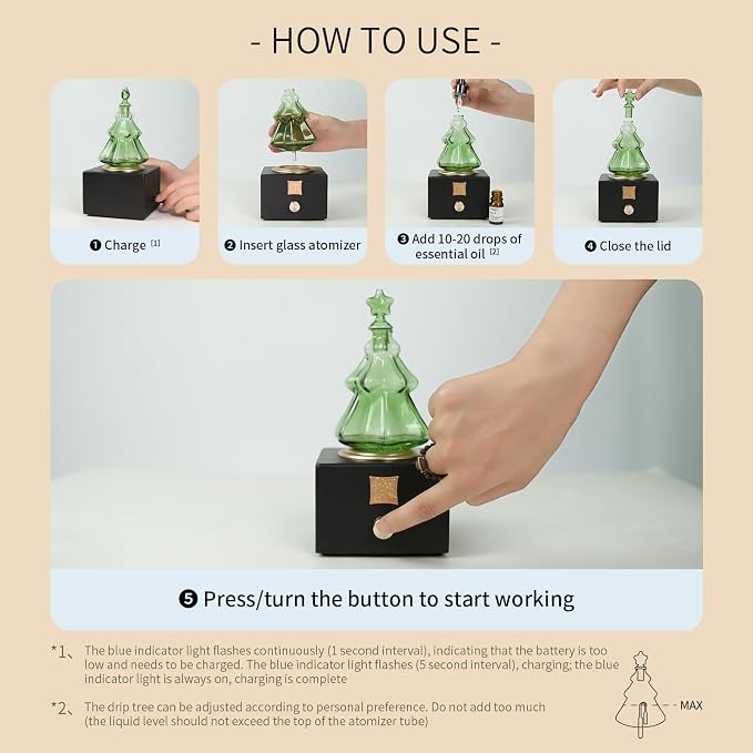 Waterless Essential Oil Diffuser for Aromatherapy – Hand-Blown Glass Christmas Tree Nebulizer with Wooden Base, Aluminum Alloy Knob, USB Rechargeable, 35-Hour Runtime for Women & Men
