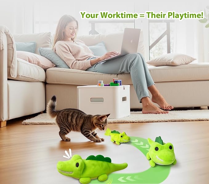 Interactive Cat Toys for Indoor Cats – Auto Moving Alligator with 360° Random Movement & Tail Wagging, Rechargeable Cat Exercise Toy with Catnip, Self-Play Fun for Bored Adult Cats-Green