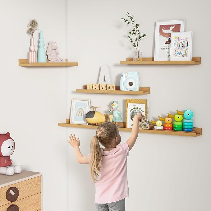 Picture Ledge Shelf, Floating Shelves for Wall, 24" W Set of 2, Oak | FSC Certified Engineered Wood, Wall Mounted Bookshelf, for Nursery Living Room Bedroom, Pre-Drilled, Easy Install