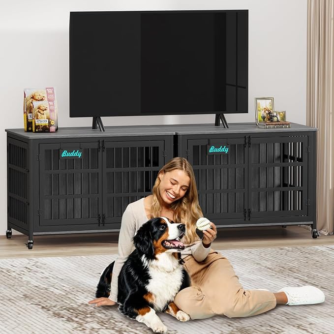 EasyCom 46"/42"/33" XXL Heavy Duty Dog Crate Furniture with Casters | Dog Kennel Indoor with Name Tag, Escape-Proof and Chew-Proof Dog Cage for Large High Anxiety Dog, as End Table