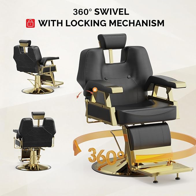 OmySalon Classic Barber Chair with 2 Hand Levers, Reclining Salon Chair for Hair Stylist All Purpose Heavy Duty, Adjustable Headrest, Tattoo Barbershop Beauty Spa Equipment, Black & Gold