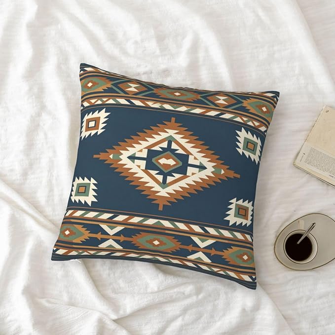 Aztec Southwestern Blue Throw Pillow Covers 18x18 Set of 2 Western Boho Cushion Cases Home Decor