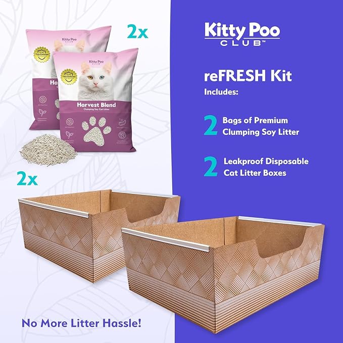 Kitty Poo Club Disposable Cat Litter Box 2-Pack with Soy Litter | Two 7.5 lb Bags, Soft Clumps, Low-Dust Plant Pellets, Leak-Proof Monthly Setup for Travel, Apartments, and Multi-Cat Homes