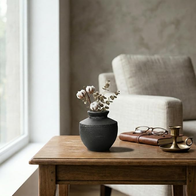 Black Ceramic Vase - 6 Inch Small Rustic Farmhouse Flower Vases for Home Decor Decorative Minimalist Vase for Centerpiece Coffee Table Bedroom Living Room Decor