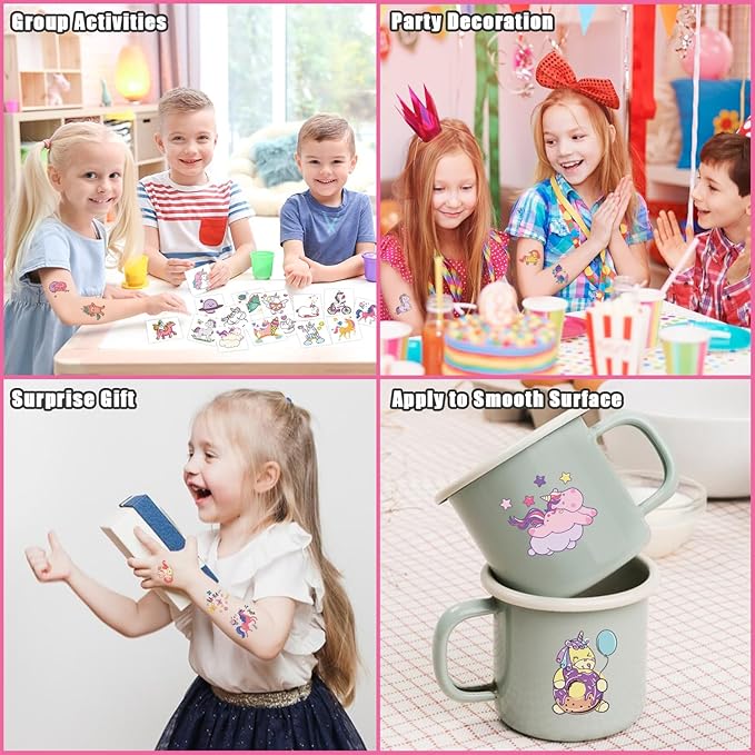 Partywind 408 PCS Kids Tattoos for Party Supplies, Individually Wrapped Sheet Temporary Tattoos Stickers for Kids Goodie Bag Stuffers, Fun Birthday Party Favors - Unicorns
