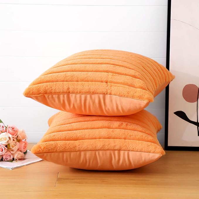 Soleebee Set of 2 Throw Pillow Covers Soft Cozy Velvet Pillowcase Faux Rabbit Fur Cover for Couch Sofa Bed Chair Home Decorative Pillows Cover (16x16 Inch, Orange)