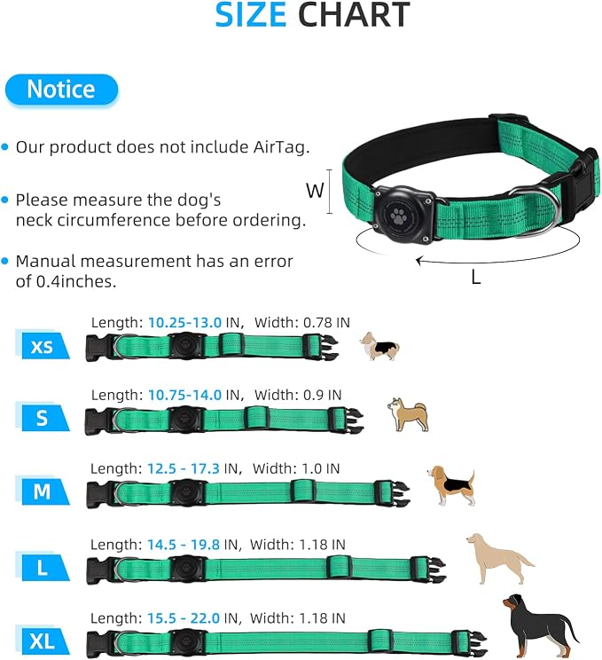 Upgrade Dog Collar with AirTag Holder, IP68 Waterproof, Teal, S | Built-in Water Resistant AirTag holder, 1000D Nylon, Reflective Stitching for Night Visibility, Soft padding for Comfort