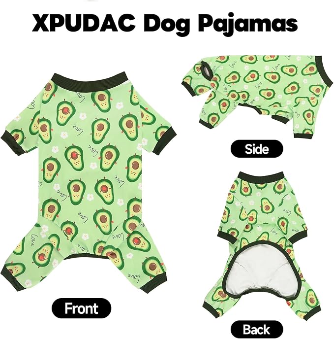 XPUDAC 2 Pack Dog Pajamas for Small Breeds, 4-Way Stretch Soft Dog Onesie Lightweight Warm Pet Clothes Jammies for Large Breeds Dinosaur Avocado Print, M