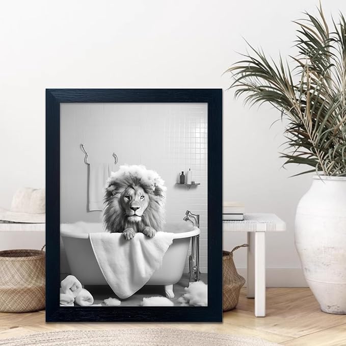Framed Black and White Lion Wall Art Bathroom Pictures Wall Decor Funny Bathroom Wall Art Animal Canvas Print Artwork