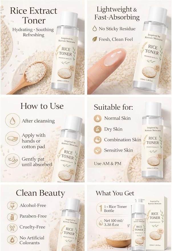 Korean Beauty Rice Toner with Natural Rice Extract, 90% Rice Extract, 3.38 fl.oz/100ml
