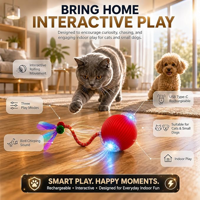 Interactive Cat Toy Ball, Automatic Cat Toy with Bird Chirping Sound, 3 Play Modes & 2 Tails,Rechargeable Smart Moving Pet Toy,Speedy Tail 2.0 Cat Toy,Cat Toys Interactive for Indoor Cats & Small Dogs