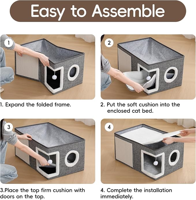 Extra-Wide Cat Houses for Indoor Cats, Large Cat Cave Bed with Fluffy Ball and Scratch Pad, Foldable Covered Kitten Bed for Multiple Cats, 23.6x16x13 inches, Grey