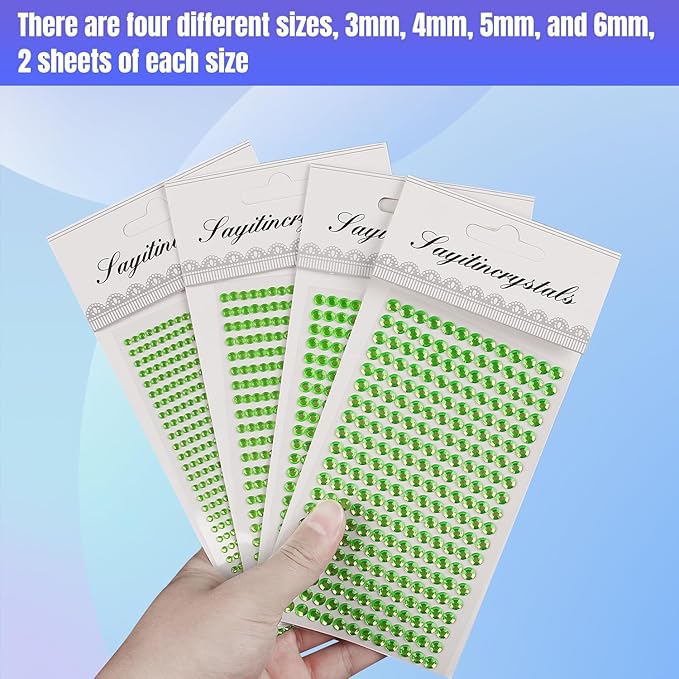 8 Sheets Rhinestone Stickers,3584 Pcs Gem Stickers for DIY Face Eyes Makeup Hair(Green-3/4/5/6mm)