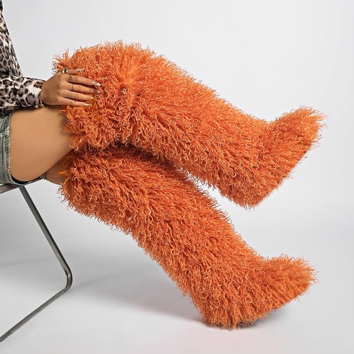 SWEETHEART BEAUTY Thigh High Shagy Teddy Fur Boots, 29 Inch Over the Knee Length Fluffy High Boots, Tall Furry Shoes For Women