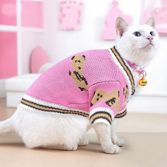 ABRRLO Small Dog Sweaters Cute Bear Dog Cardigans Clothes for Small Medium Dogs Boy Girl Puppy Cat Knitting Cardigan Outfits Dogs Winter Coats Warm Pet Doggy Clothes Soft Knitwear (Pink, X-Large)