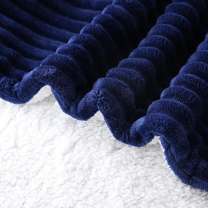 Navy Blue Sherpa Fleece Throw Blanket 50”×60” for Couch Sofa Bed | Double Side Soft Fuzzy Cozy Plush Thick Flannel Blanket with Striped Design Gift for Adults,Woman