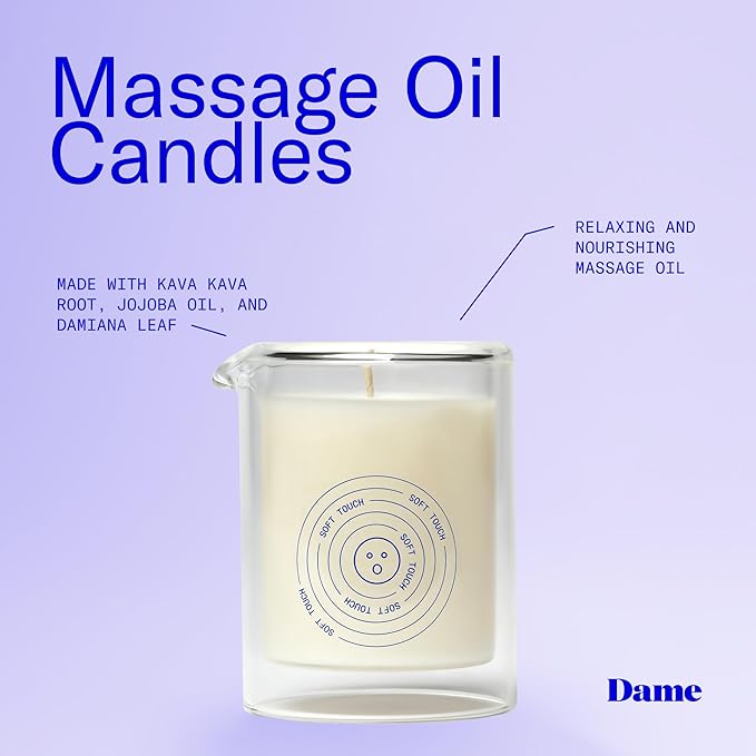 Dame Products Massage Oil Candle - Plant Based Skin & Body Candle for Sensual Massage, Moisturizing & Relaxing Aromatherapy Candle with Kava Kava - Skin Safe - Soft Touch Scent