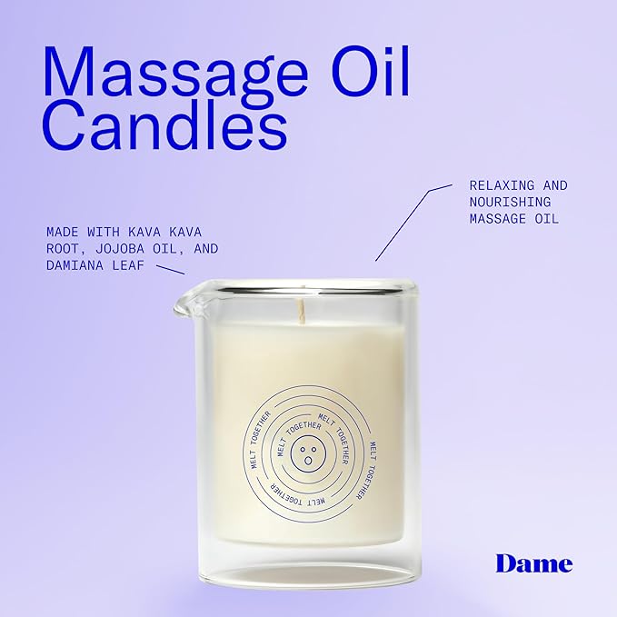 Dame Products Massage Oil Candle - Plant Based Skin & Body Candle for Sensual Massage, Moisturizing & Relaxing Aromatherapy Candle with Kava Kava - Skin Safe - Melt Together Scent