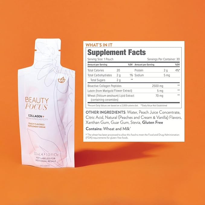 Nu Skin Beauty Focus Collagen+ | Marine Collagen Liquid Supplement with Lutein & Wheat Lipids | Supports Skin Hydration, Elasticity & Smooth Appearance | 30 Pouches | Peach