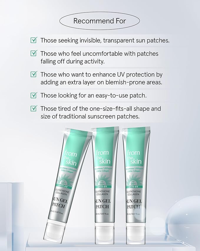 Glutathione Collagen Sun Gel Patch – Transparent Gel to High Adhesion Invisible UV Shade Patch - UVA/UVB Block for Outdoor Activities - For All Skin Types and Tones, 0.67 fl.oz.