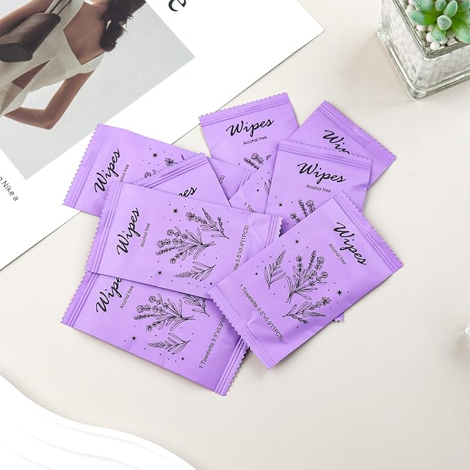Individual Hand Wipes Wet Wipes Travel Size,Wet Wipes Individually Wrapped | 60PCS Bulk Cleansing Travel Size Wipes for Wedding Travel Restaurant Barbecue(Lavender)