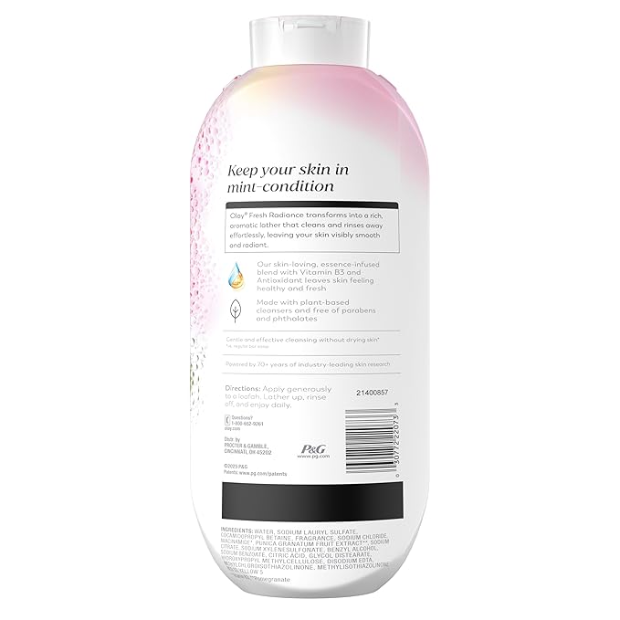 Olay Body Wash for Women, Fresh Radiance, 24/7 Skin-Loving Freshness, Visibly Radiant, Plant Based Cleansers, Vitamin B3 & Antioxidant Blend, For All Skin Types, Strawberry & Mint Scent, 22 fl oz