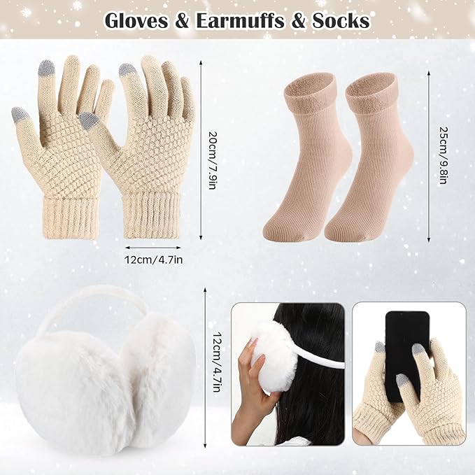 SATINIOR 5 Pcs Winter Hat Scarf Gloves Set Fleece Warm Lined Knit Beanie Hat Touch Screen Earmuff Gloves Warmer for Women(Beige,Vivid Style)