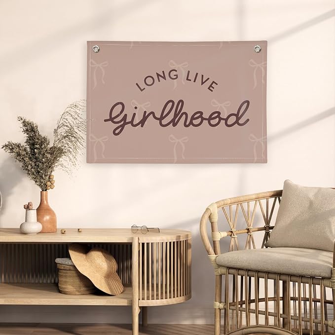 Pink Girls Room Decor,Vintage Coquette Bow Hanging Linen Banner Flag for Baby Girls Nursery Teen Girl Bedroom Dorm Decorations Kids Toddler Room Nursery Playroom Wall,girlroom