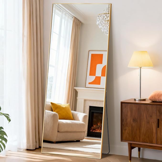 DUMOS 26"x68" Full Length Mirror with Stand, Full Body Floor Mirror | Free Standing or Wall Mount, Nano Glass Aluminum Frame, Hanging or Leaning, Modern Simple Home Decor, Gold