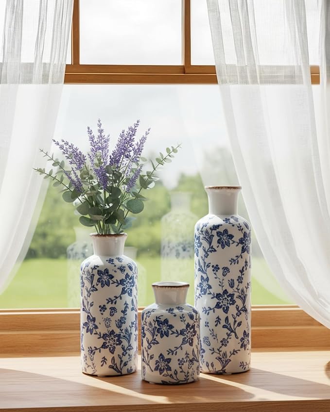 Blue and White Ceramic Vase Set of 3, Vintage Floral Vases for Home Decor | Crackle glaze and distressed rims for living room, mantel and table centerpieces