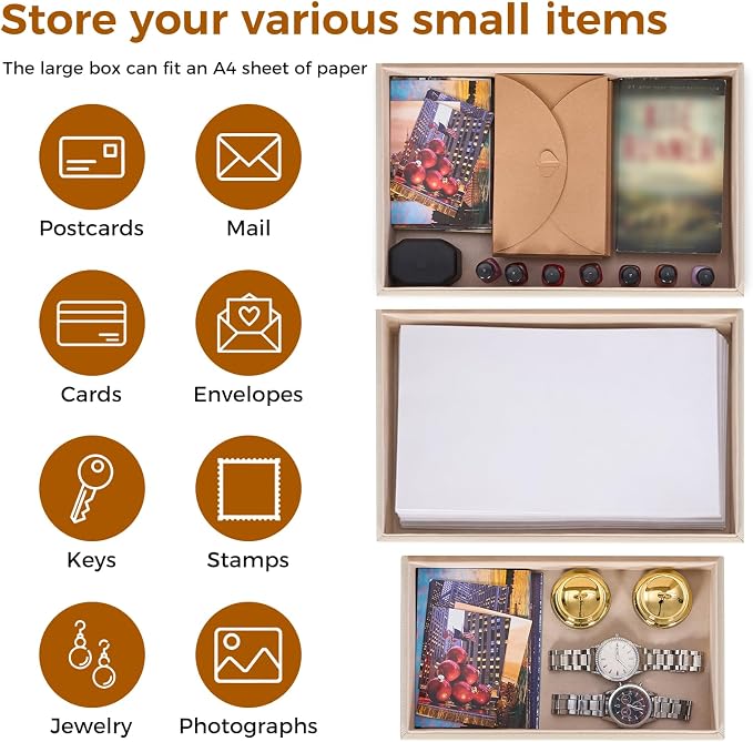 Decorative Box, Decorative Boxes with Lids 2-Set, Memory Box for Keepsakes | Beautiful PU Leather Decorative Storage Boxes in Style, Decor Box with Rose Metal Handle, Store Photos, Documents Beige