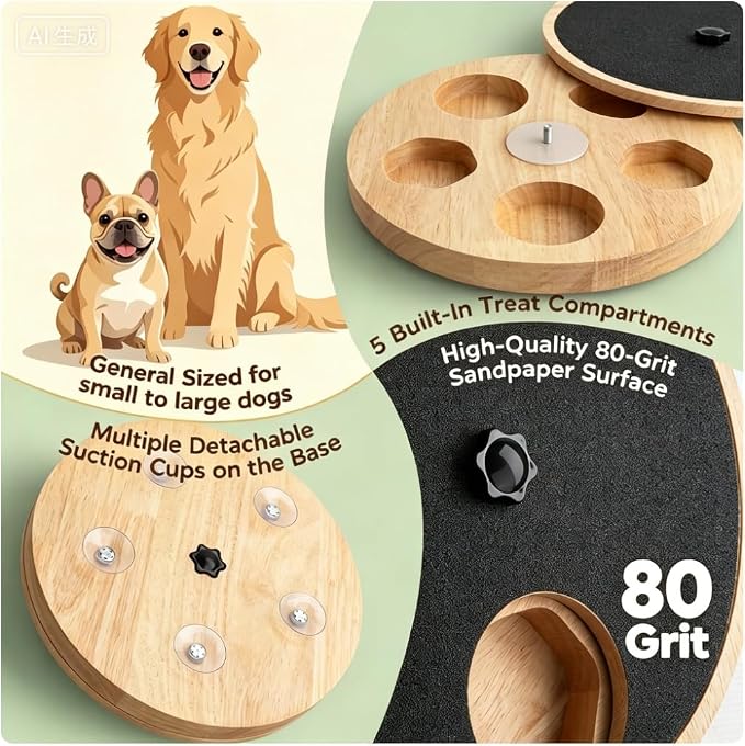 Dog Nail Scratch Board with Treat Box, Dog Scratch Pad for Nails, Rubberwood Adjustable Dog Nail File Toy for Stress-Free Grooming, Treat Scratch Puzzle, Large Size, Natural Wood Color