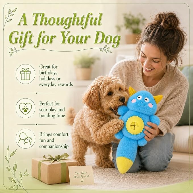 Cute Monster Plush Dog Chew Toy – Squeaky Ball, Crinkle Paper & Treat Dispenser, Washable Interactive Stuffed Toy for All Breeds, Relieves Boredom & Anxiety(Blue