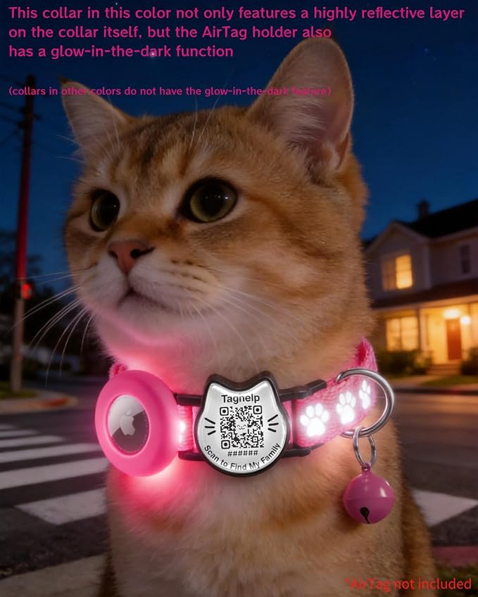 Cat Collar with AirTag Holder, QR Code Tag and Bell (Rose red, Paw Pattern)