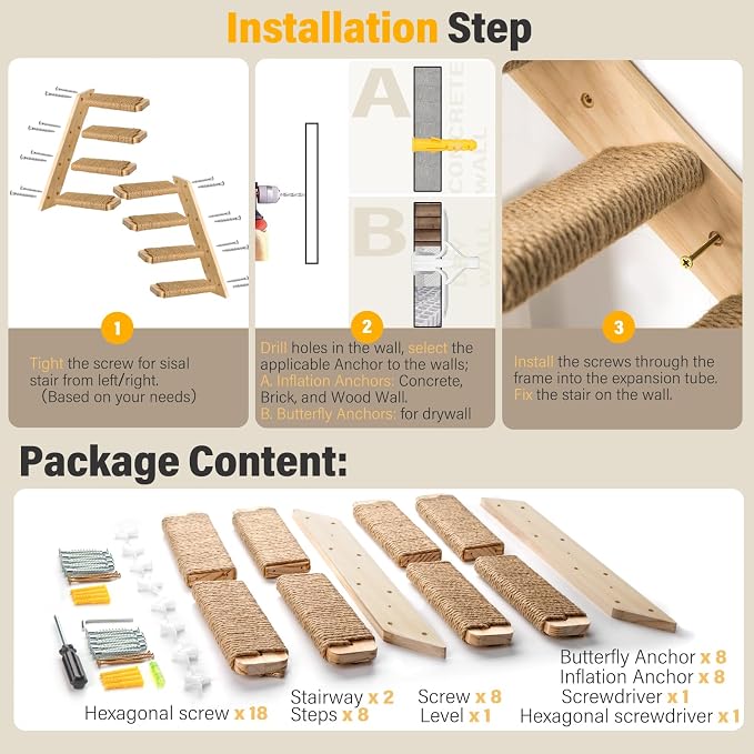 2 Pack 4 Steps Cat Wall Shelves and Stairs with Sisal Rope.Cat Wall Steps/Ladder Furniture & cat Tree Supplies(Catstairs 2Pack-4Steps)