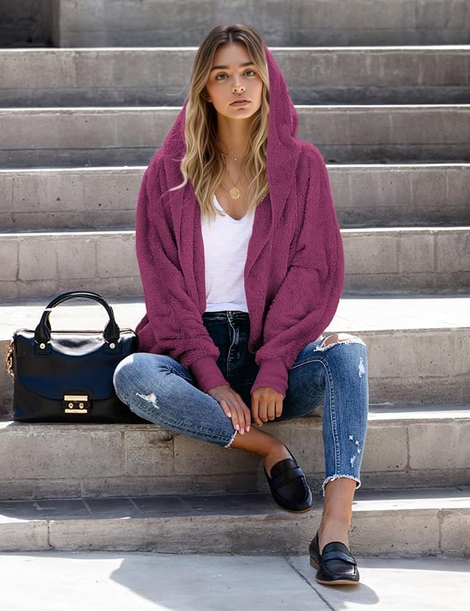 Zilcremo Women Hooded Cardigan Fuzzy Jacket Winter Open Front Fleece Coat Outwear with Pockets